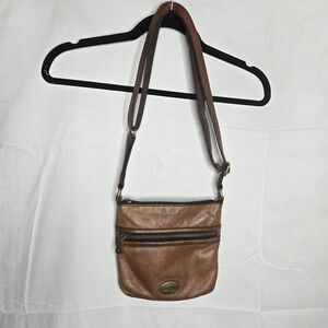 Fossil Brown Genuine Leather Crossbody Bag Classic Pebbled Shoulder Purse